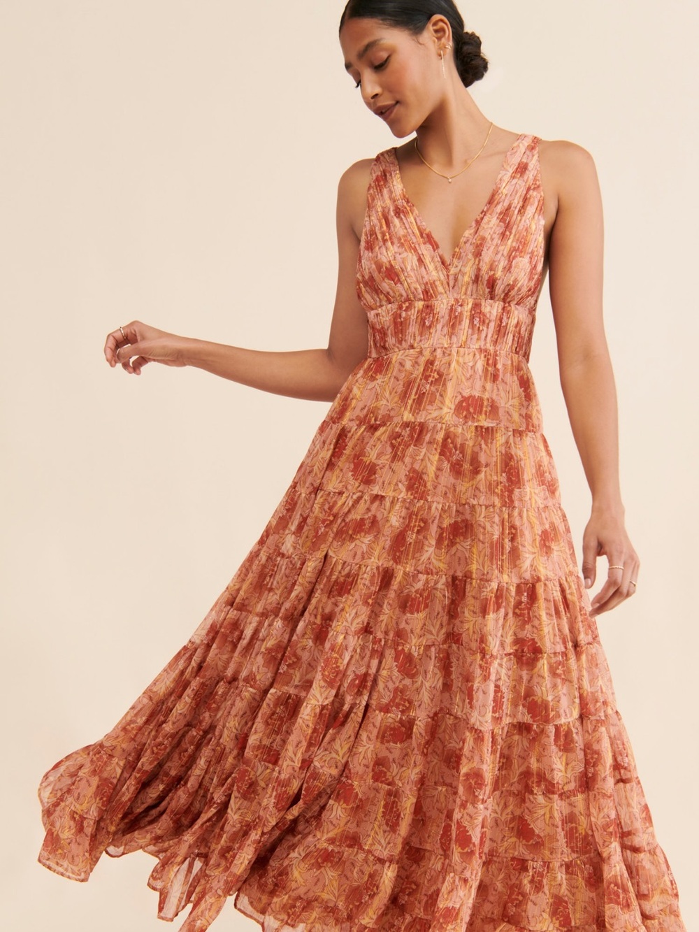 Let Me Be Floral Jacquard Tiered Maxi Dress in Rust-Pink